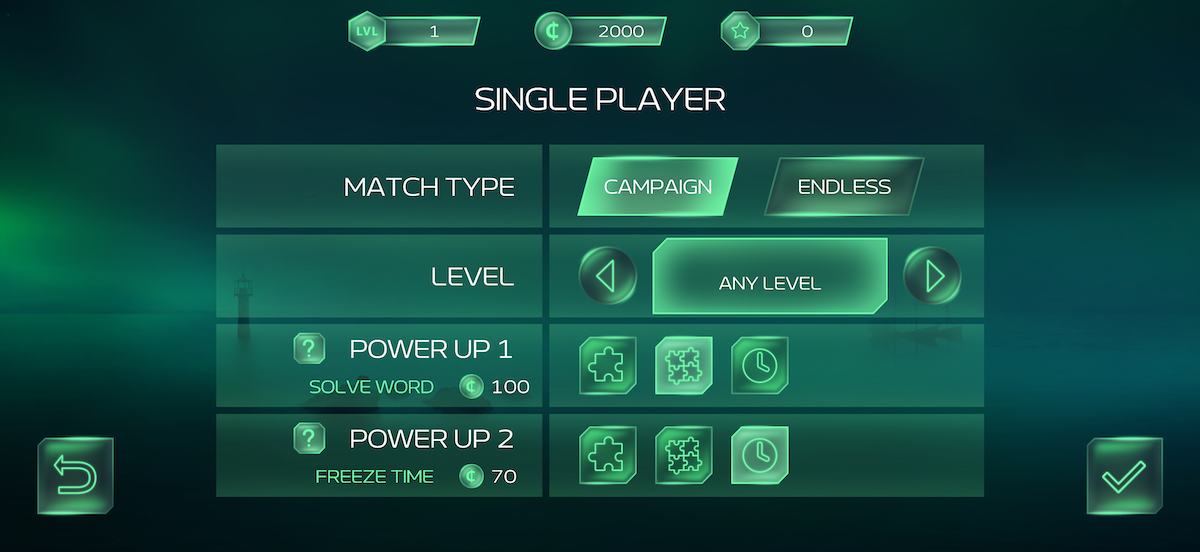 Single player options and power-ups.
